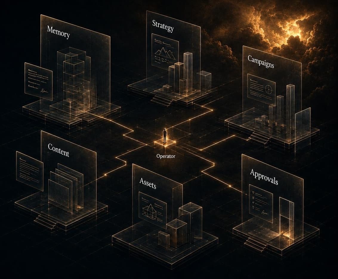 Aether Media pillars spanning memory, strategy, campaigns, content, assets, and approvals