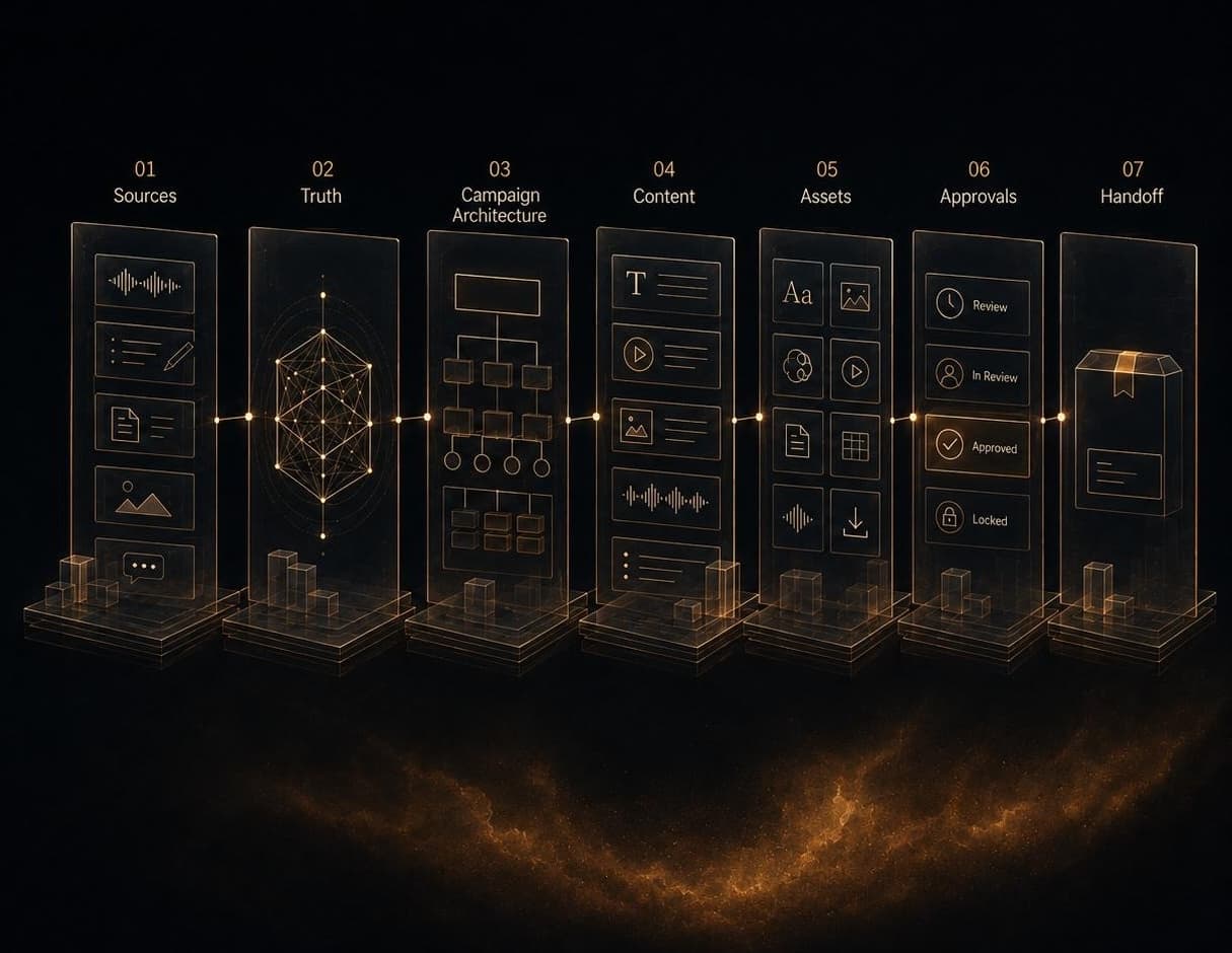 Aether Media workflow spanning sources, truth, campaign architecture, content, assets, approvals, and handoff